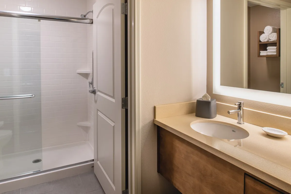The image shows a modern bathroom featuring a well-lit shower area, a spacious sink and countertop, and a large mirror. The space is clean, bright, and inviting, emphasizing both functionality and comfort for daily routines.